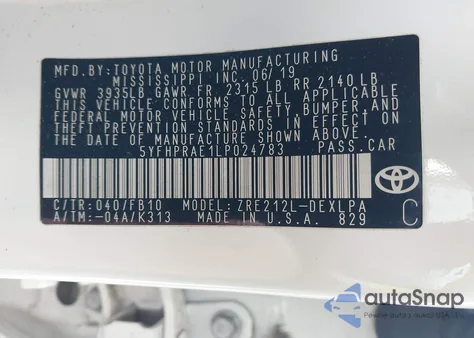 2020 Toyota Corolla Le from USA, damaged, VIN 5YFHPRAE1LP024783